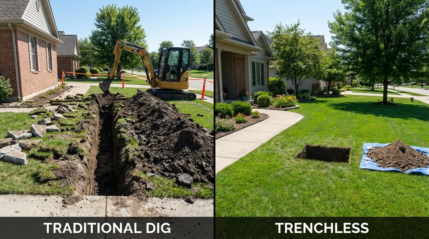 Trenchless sewer repair with minimal yard damage versus traditional excavation in Fairfield, ID